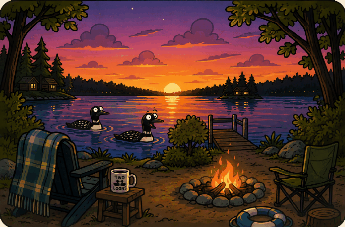 Two loons on a lake at sunset, beside a campfire, two camp chairs and a Two Loons mug