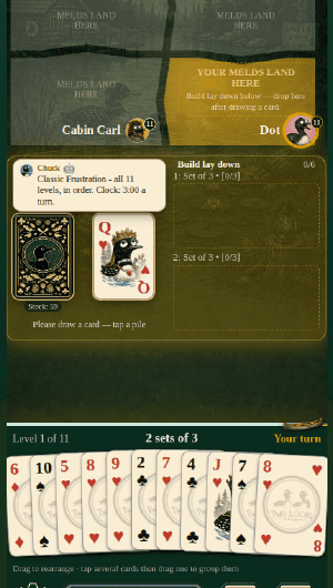 One turn: a card lifts off the stock pile, turns face up in the air, lands in the hand, and is then thrown onto the discard pile.