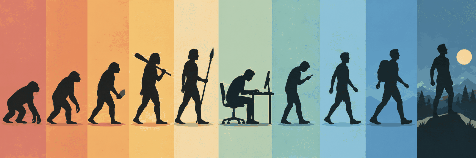 Ten silhouettes in a left-to-right progression, in the app's sunset-over-water
              colours: an ape, a hunched hominid, a caveman with a club, a hunter with a
              spear, a person slumped at a desk over a laptop, a person hunched over a
              phone, then three figures walking increasingly upright, and finally a figure
              standing straight on a mountain outcrop under a full moon.