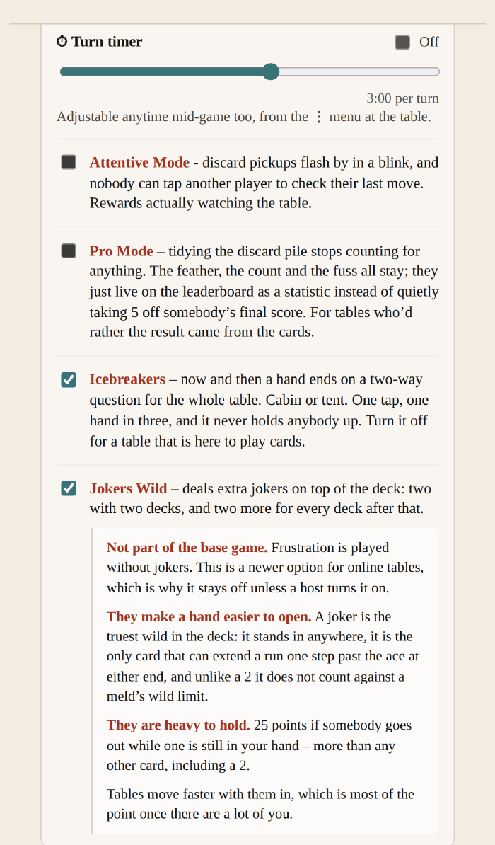 The table settings in the game: a turn timer, and toggles for Attentive Mode, Pro Mode, Icebreakers and Jokers Wild, each with a paragraph explaining what it changes.