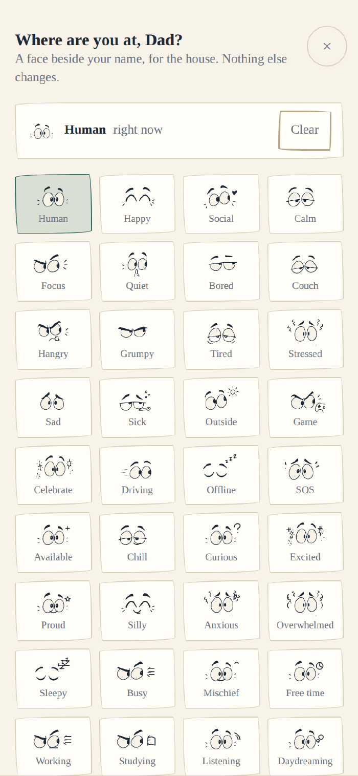 Where are you at, Dad? A grid of forty-eight small drawn faces — Human, Happy, Social, Calm, Focus, Quiet, Bored, Couch, Hangry, Grumpy, Tired, Stressed and on — with Human right now at the top and a Clear button.
