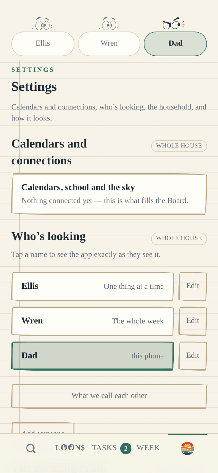 The Settings screen: Calendars and connections, then Who's looking with three names — Ellis, One thing at a time; Wren, The whole week; Dad, this phone — each with an Edit button, then What we call each other and Add someone.