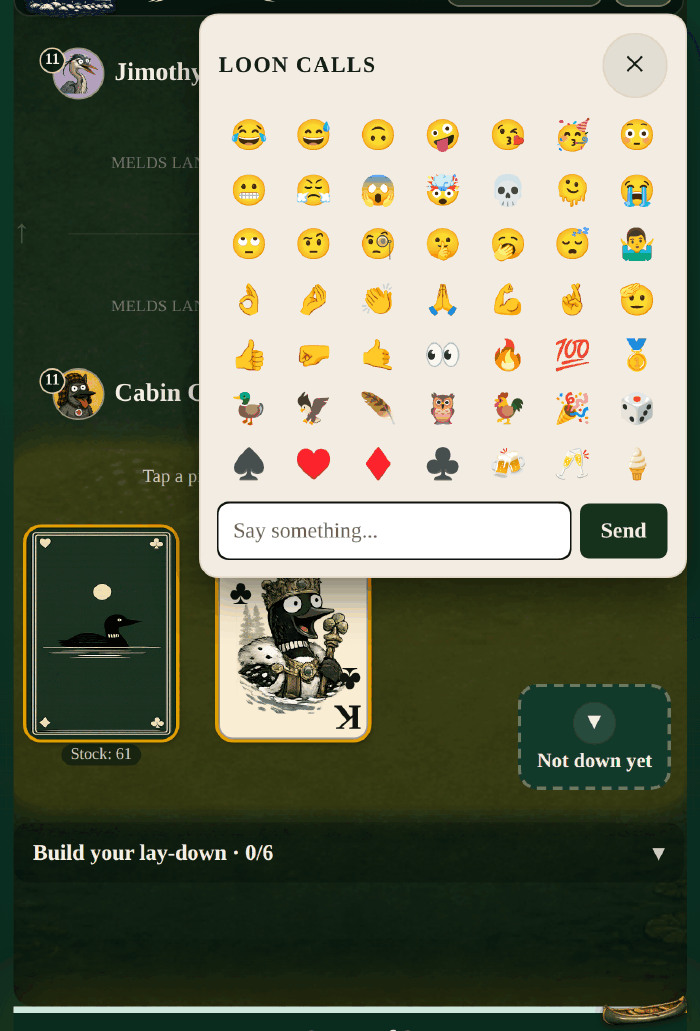 The Loon Calls panel in the game: a seven-by-seven grid of emoji including suits, a feather and a duck, with a message box and a Send button underneath.