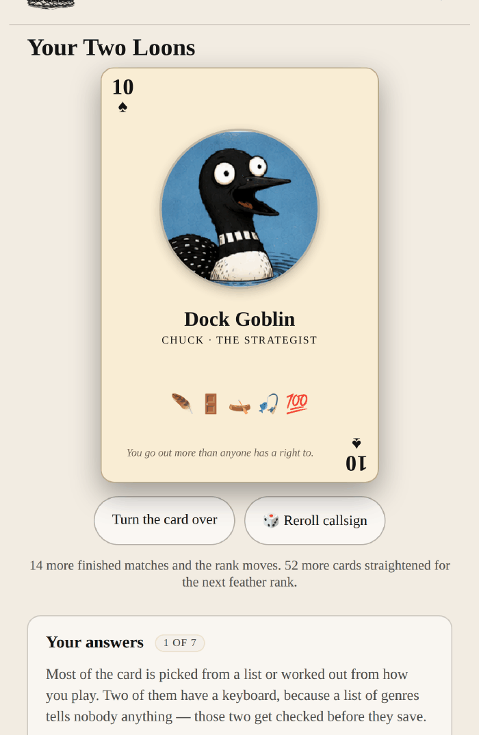 A player's loon card in the game: a 10 of spades with a loon portrait, the callsign Dock Goblin, the title The Strategist, five earned badges, and the line “You go out more than anyone has a right to.”