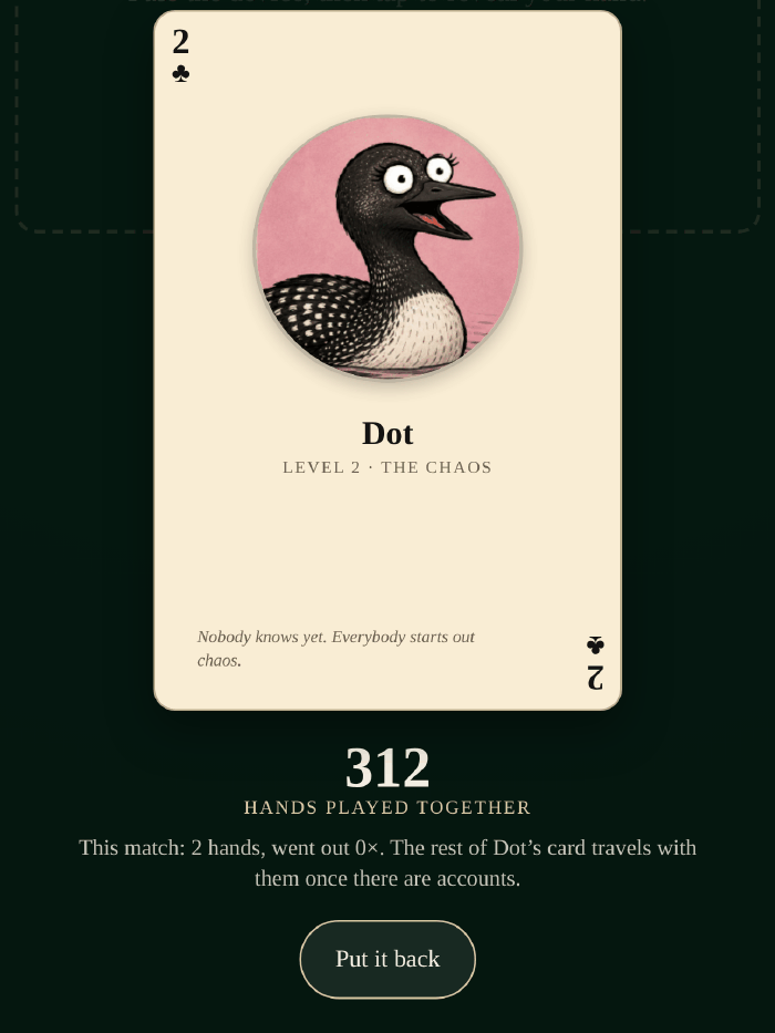 Another player's card lifted off the table: a 2 of clubs for Dot, Level 2, The Chaos, with “Nobody knows yet. Everybody starts out chaos.” underneath, and below the card, 312 hands played together.
