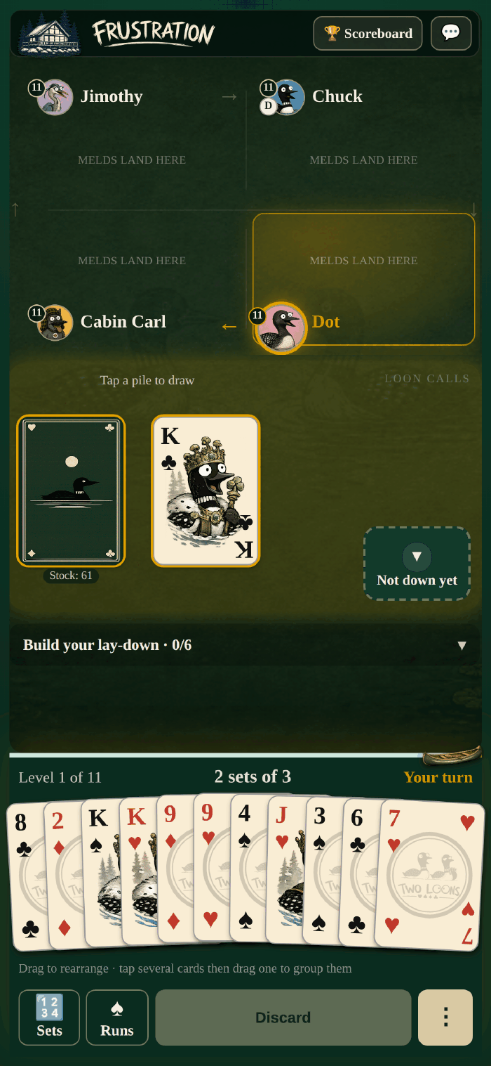 A four-player Frustration table on a phone: green felt, four seats with avatars and card counts, a stock pile and a discard pile in the middle, and eleven cards fanned along the bottom.